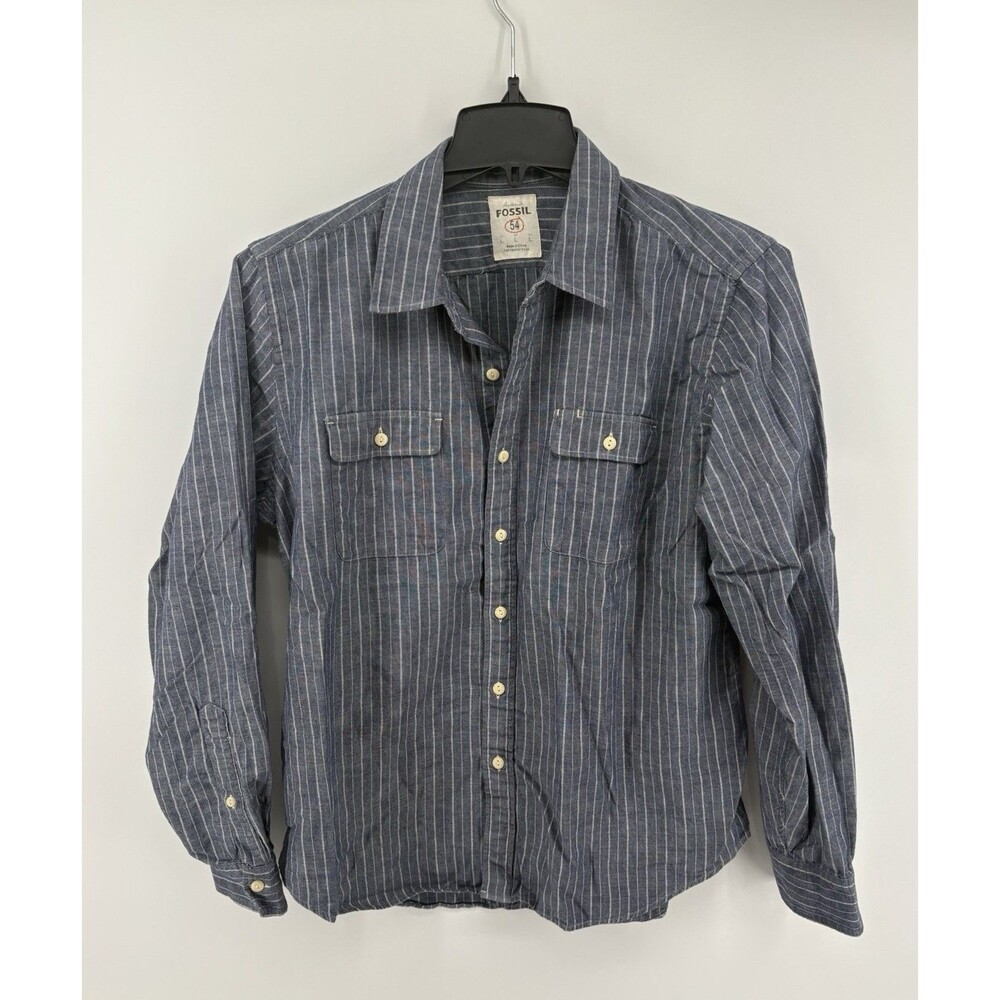 Fossil Long Sleeve Shirt Large Blue Gray Pinstripe Button Up Dual Pocket L